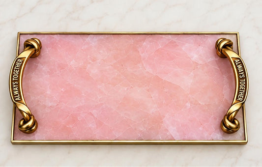 Rose quartz tray with two single turn brass handles