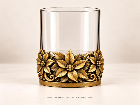 
Poinsettia Christmas whisky glass with an antique brass decorative holder