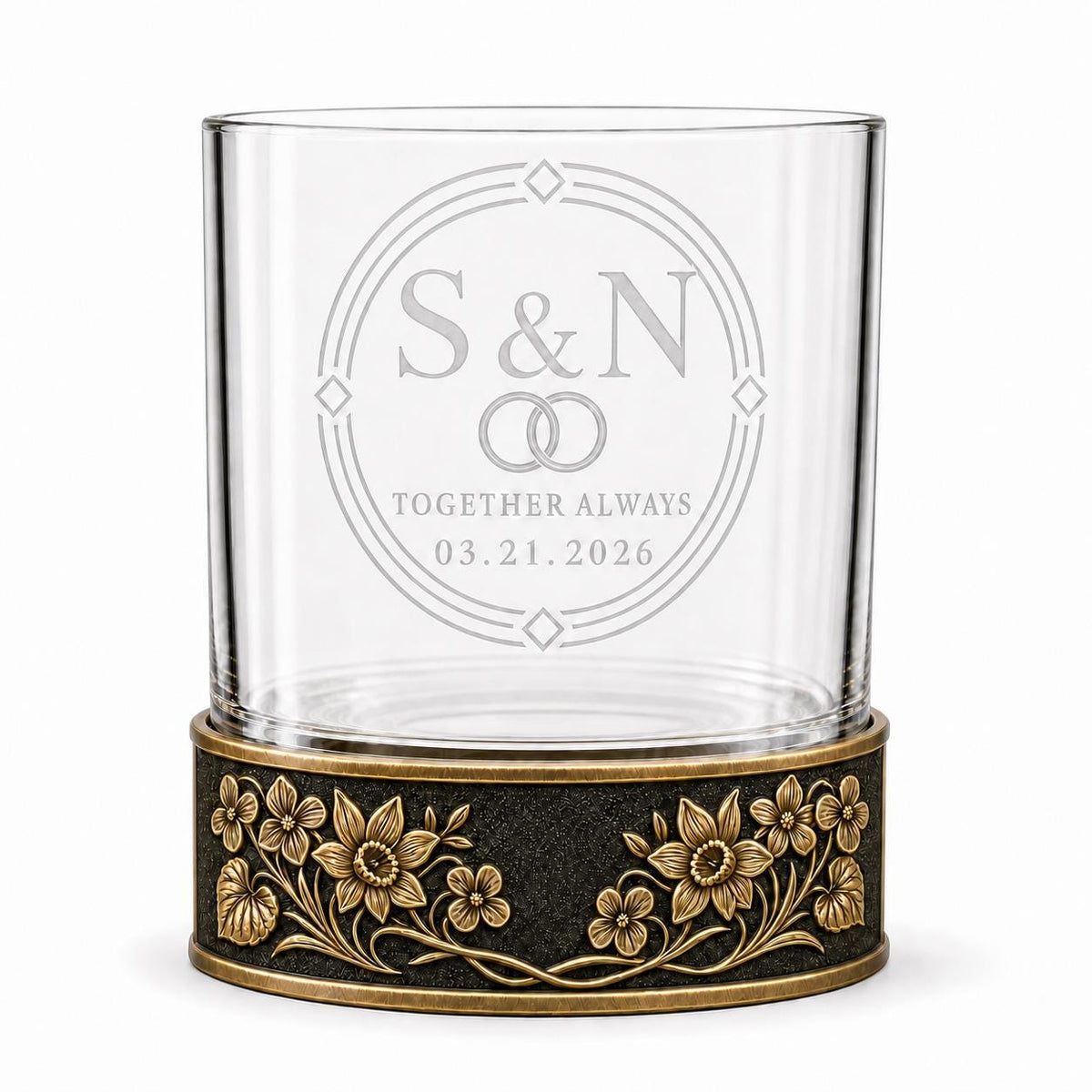 Personalized Birth Flower Whiskey Glass – Violet and Daffodil, 10 oz