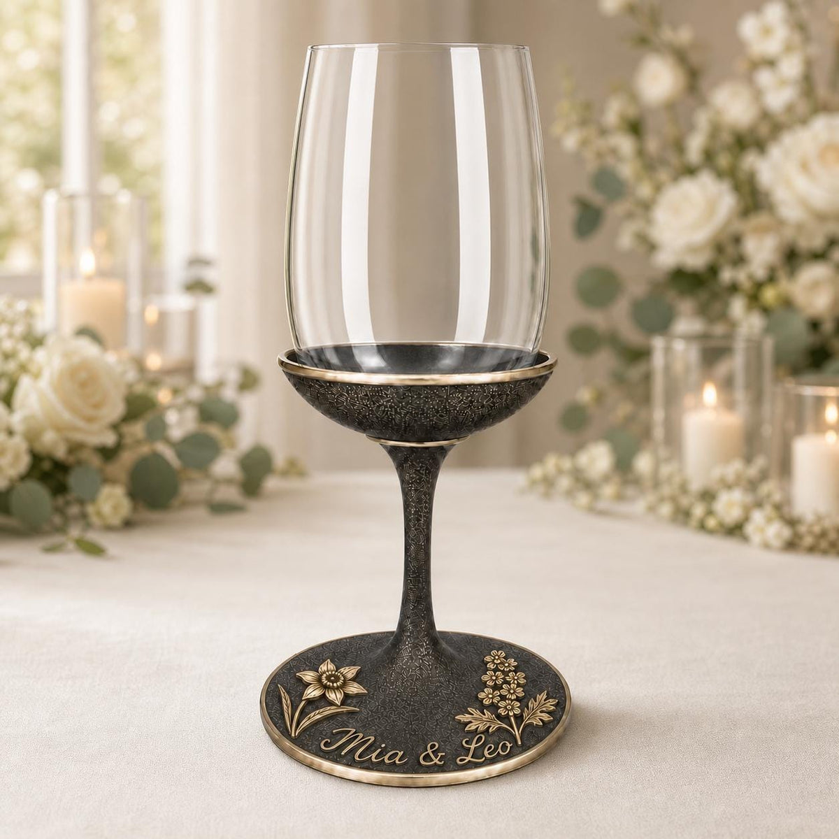 Personalised Birth Flower Wine Glass | Daffodil & Larkspur Antique Brass Base | Custom Couple Glasses