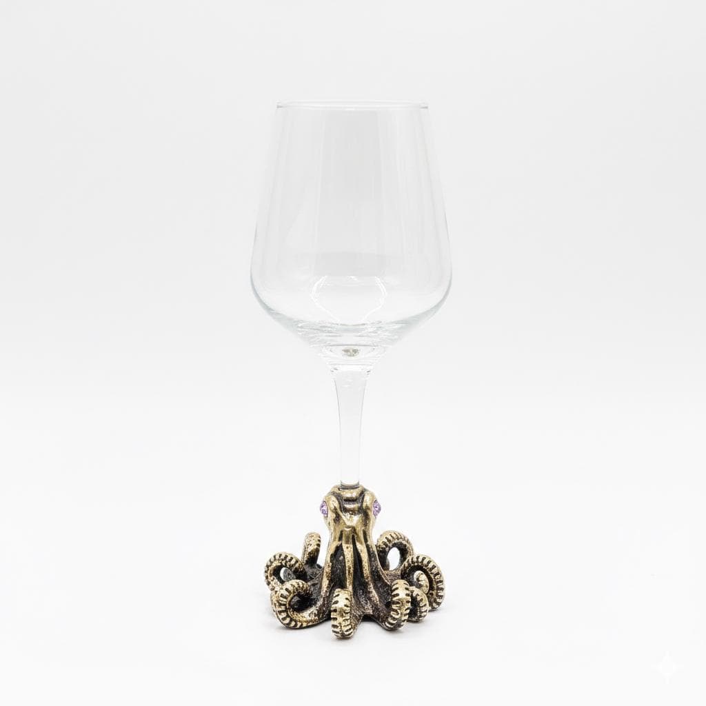 Octopus Wine Glass – Antique Brass Base with Gemstone Eyes, 12 oz