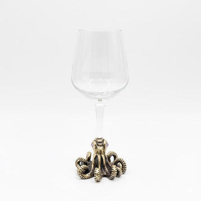 Octopus Wine Glass – Antique Brass Base with Gemstone Eyes, 12 oz
