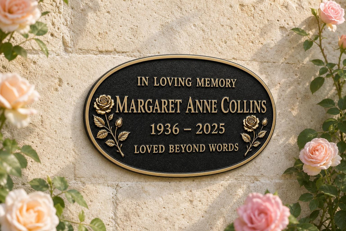 Personalised Tribute Plaque, Floral Memorial Sign, Antique Brass Finish