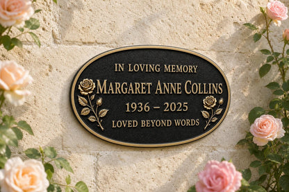 Personalised Tribute Plaque, Floral Memorial Sign, Antique Brass Finish