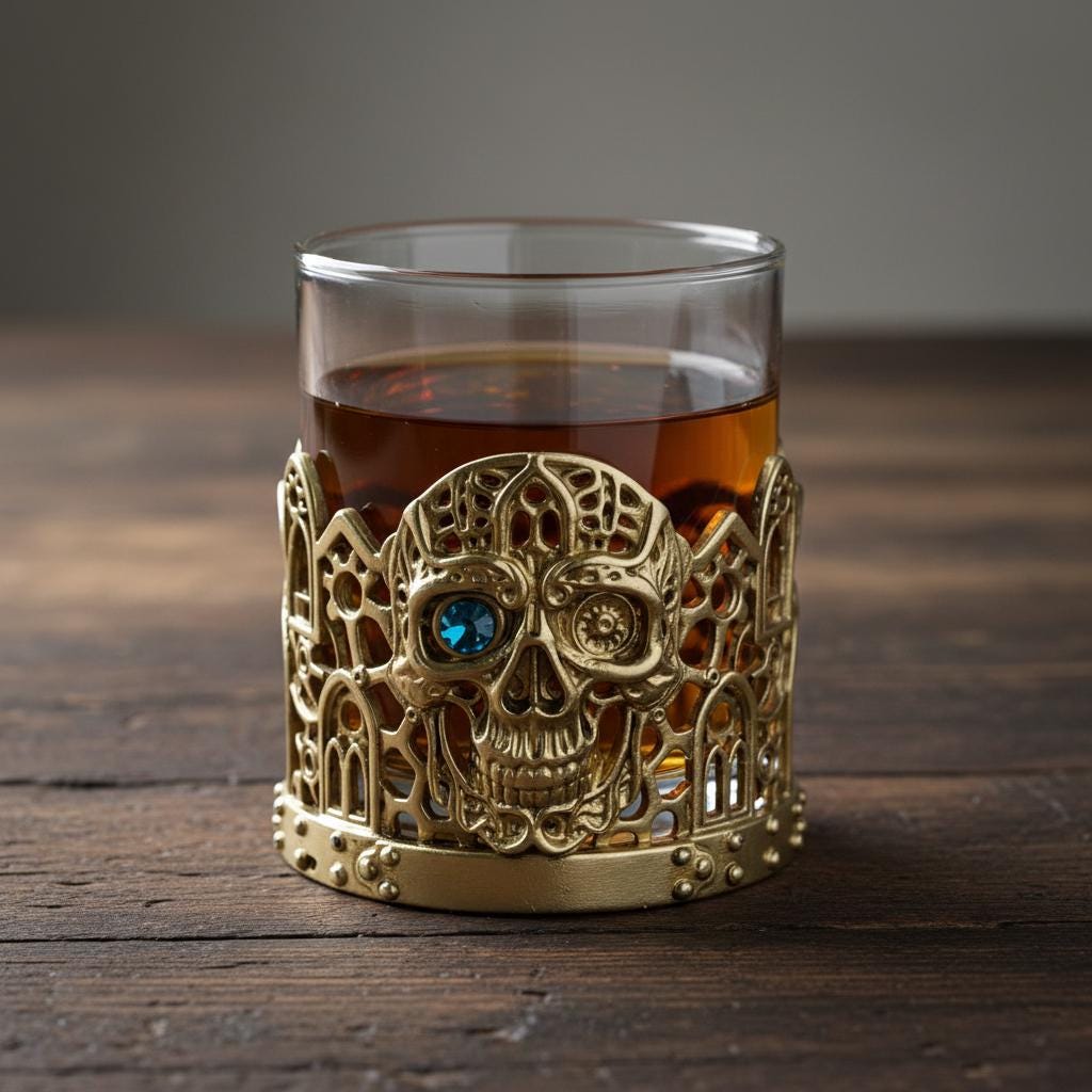 Gemstone Skull Whiskey Glass – Gold Holder, 10 oz