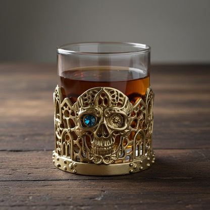 Gemstone Skull Whiskey Glass – Gold Holder, 10 oz