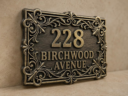 Custom Victorian House Number Sign, Ornate Antique Brass Address Plaque, Personalized Front Door Number