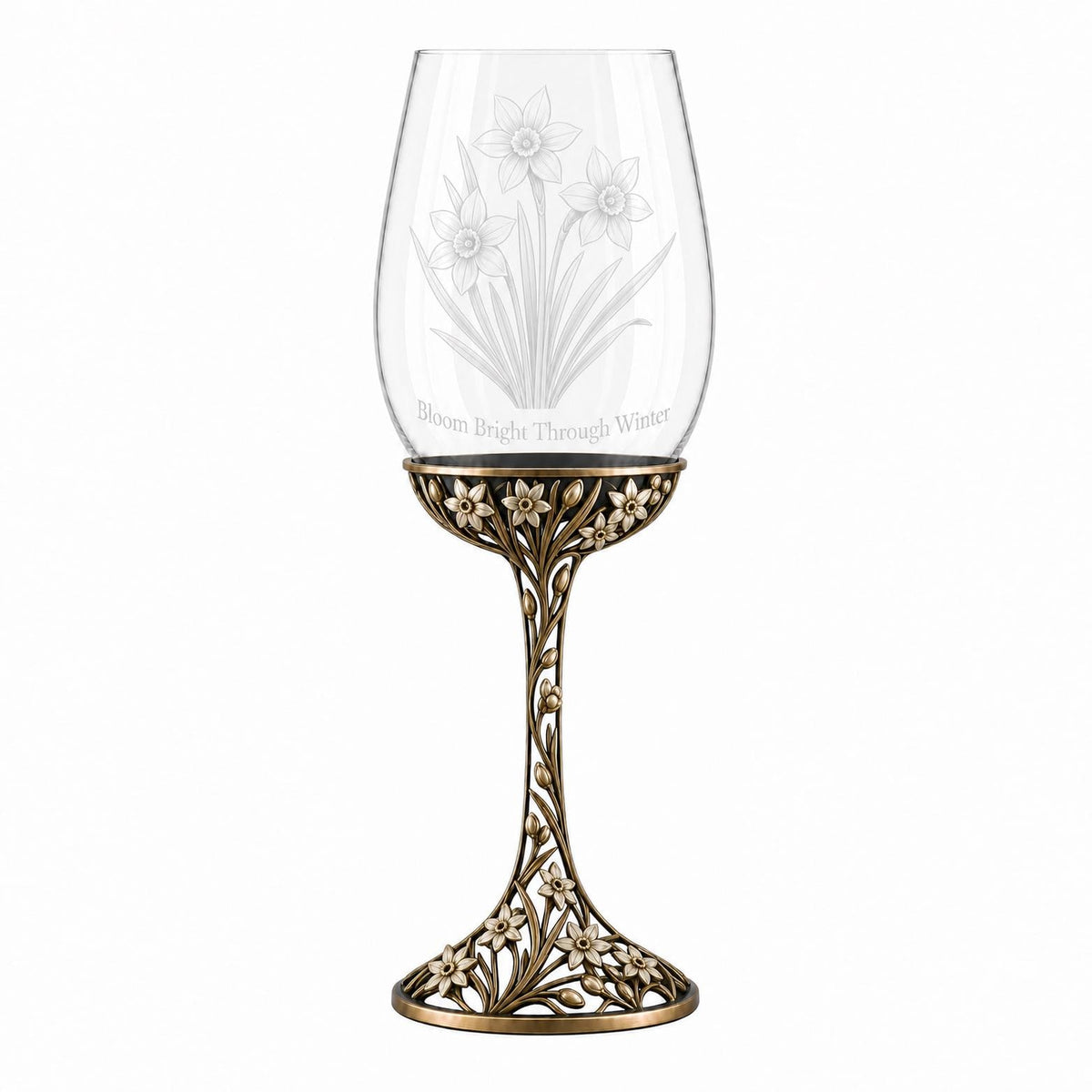 December Narcissus Wine Glass, Personalised Birth Flower, Openwork Brass Stem, Custom Etched Gift
