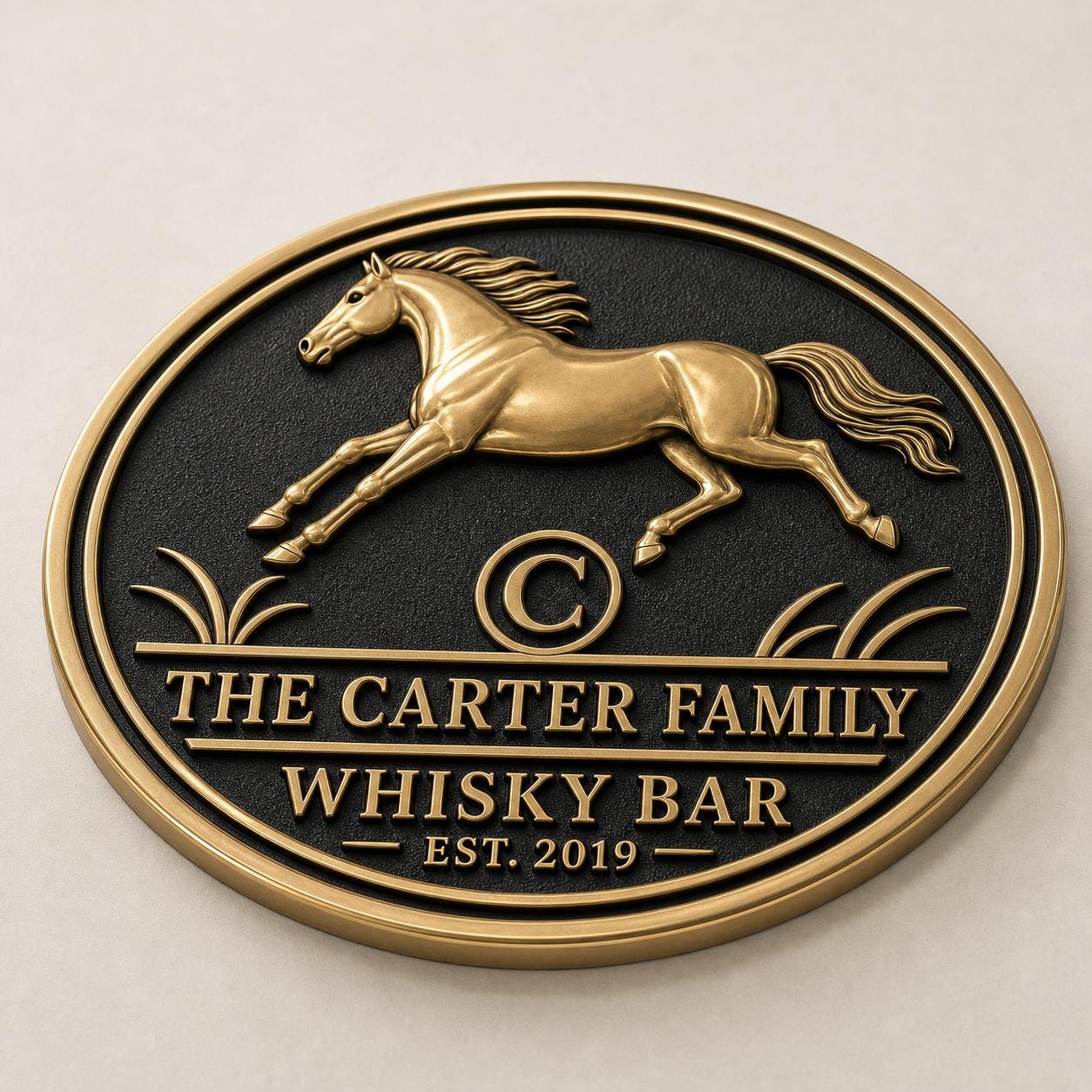 Personalised Running Horse Whisky Bar Plaque | Custom Family Bar Sign | Handcrafted Antique Brass Wall Decor
