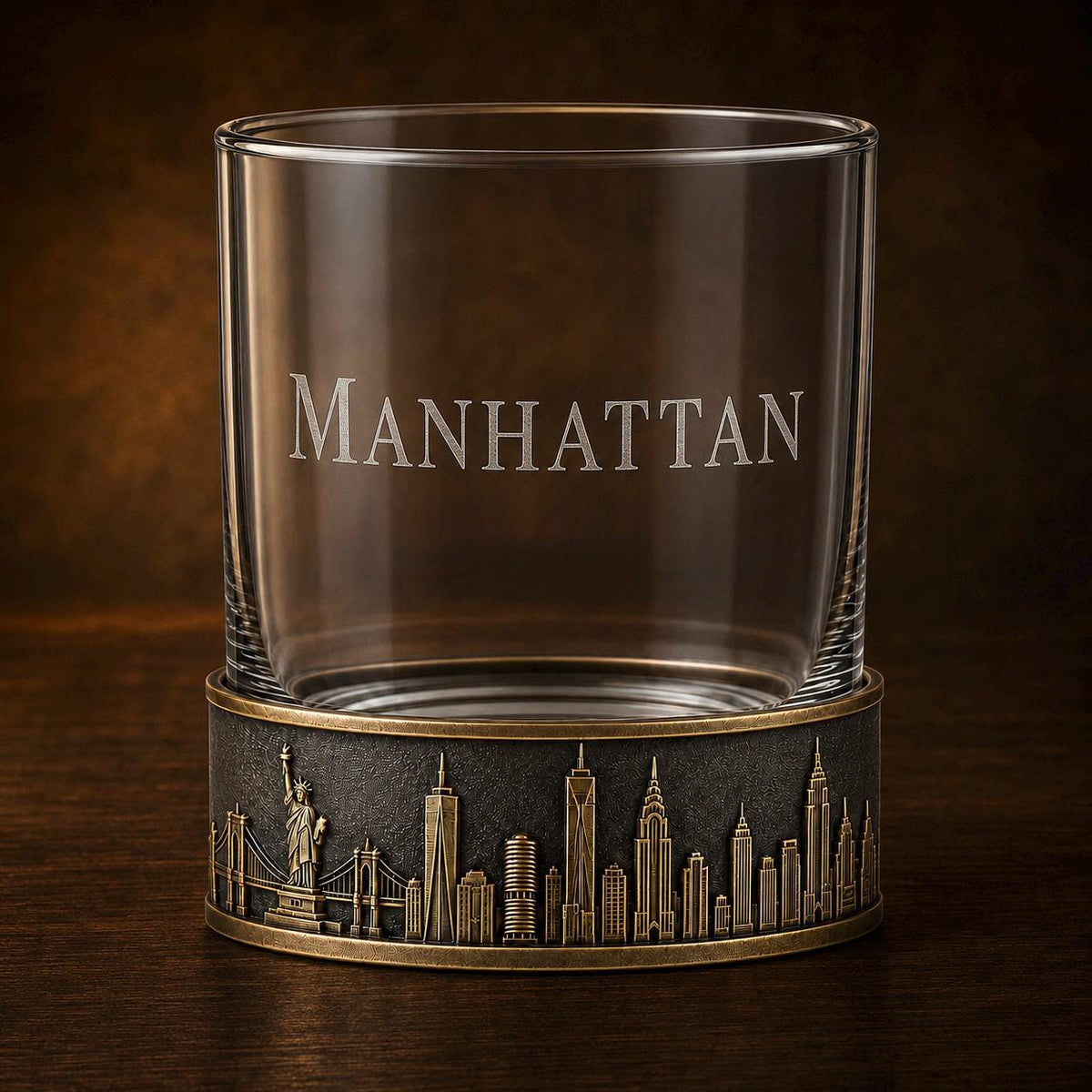 Personalised Laser Etched Brass Base Whiskey Glass | Custom Text/Name Glasses | New York Skyline Glass