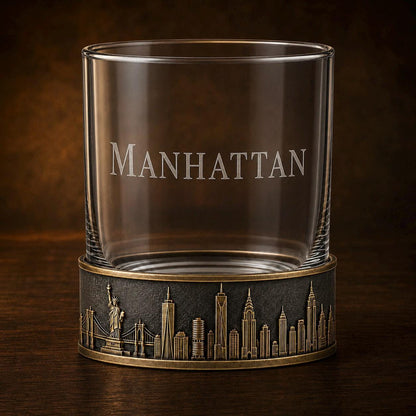 Personalised Laser Etched Brass Base Whiskey Glass | Custom Text/Name Glasses | New York Skyline Glass
