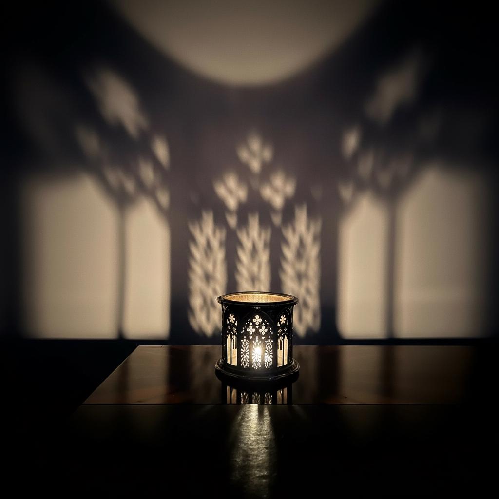 Round cathedral candle holder lit in a dark room