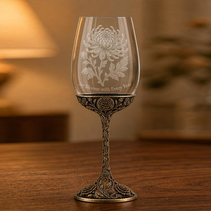 November Chrysanthemum Wine Glass, Personalised Birth Flower, Openwork Brass Stem, Custom Etched Gift