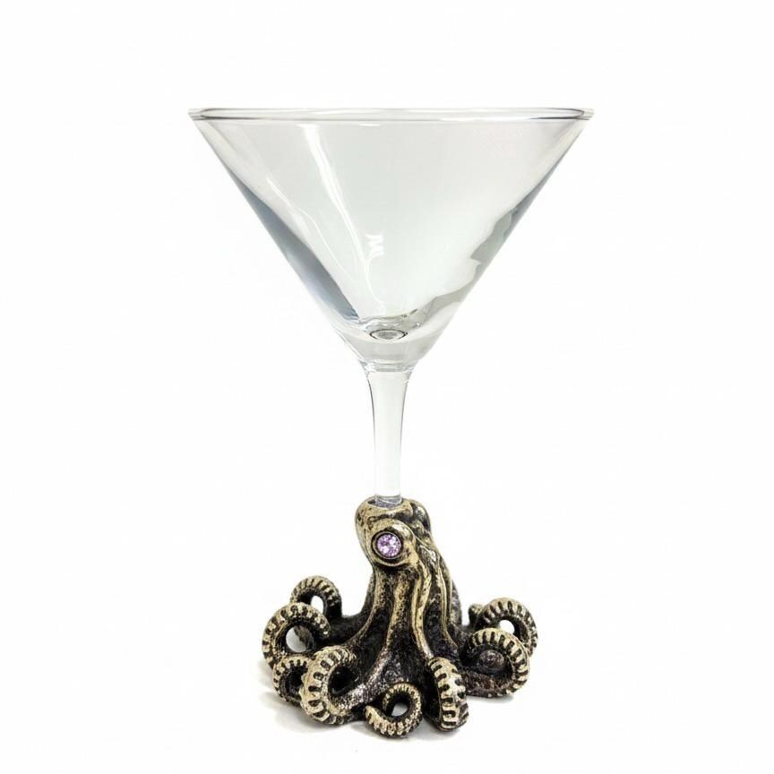 Octopus Martini Glass – Antique Brass Base with Gemstone Eyes, 6.5 oz