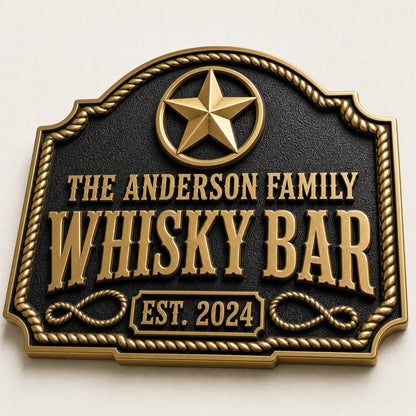 Personalised Western Whisky Bar Plaque | Custom Family Saloon Sign | Handcrafted Antique Brass Wall Decor
