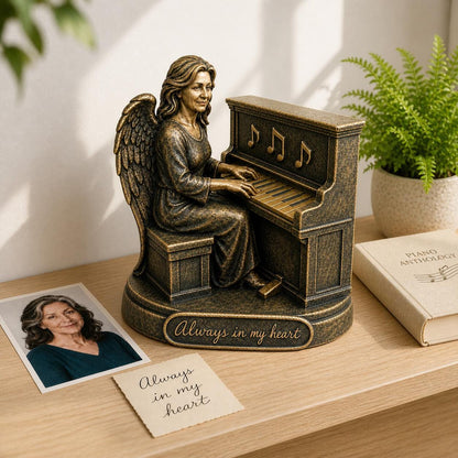Personalised Piano Memorial Figurine from Photo, Antique Brass Angel Statue, Musician Remembrance Gift
