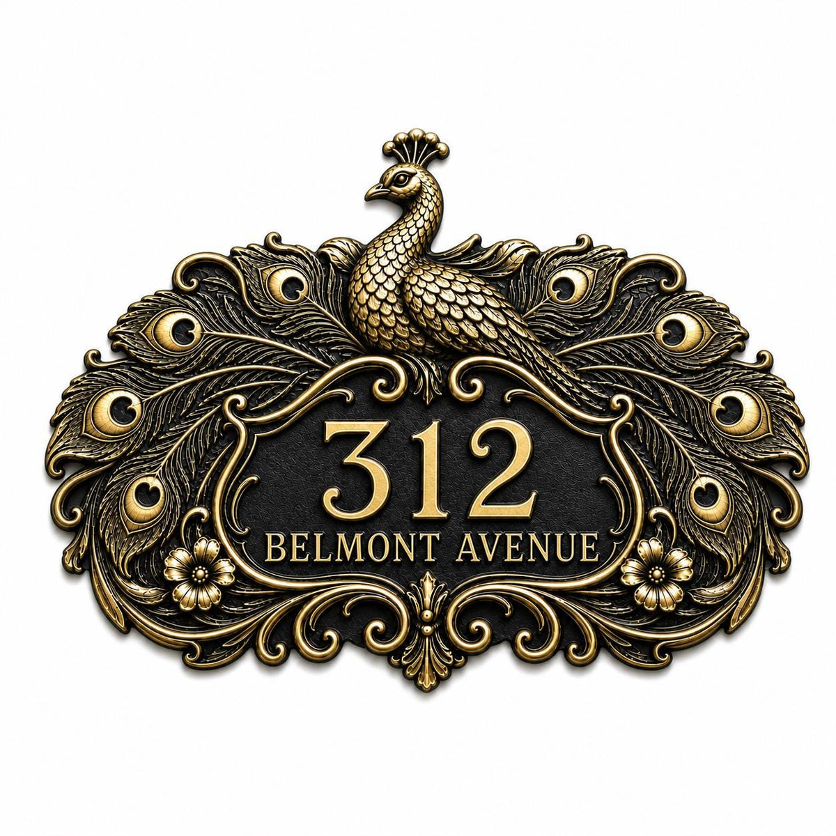 Design Your Own Custom House Number Plaque | Personalized Peacock Antique Brass Address Sign