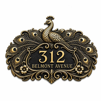 Design Your Own Custom House Number Plaque | Personalized Peacock Antique Brass Address Sign