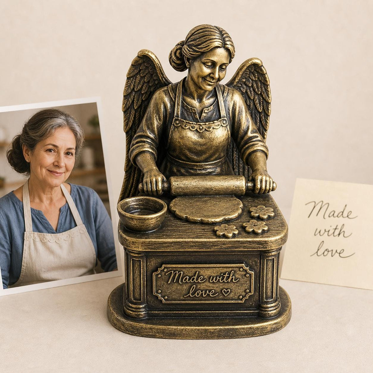 Personalised Baker Memorial Figurine from Photo, Antique Brass Angel Statue, Grandma Remembrance Gift