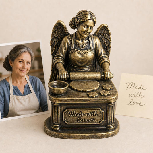Personalised Baker Memorial Figurine from Photo, Antique Brass Angel Statue, Grandma Remembrance Gift
