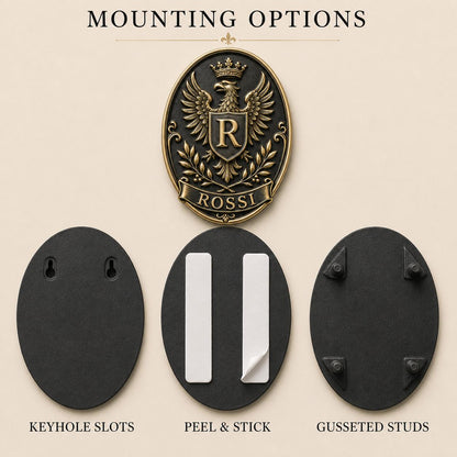 Design Your Own Oval Crest Plaque | Crowned Eagle & Name Banner | Antique Brass Wall Sign