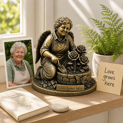 Personalised Grandma Memorial Figurine from Photo, Antique Brass Angel Gardener Statue, Custom Remembrance Gift