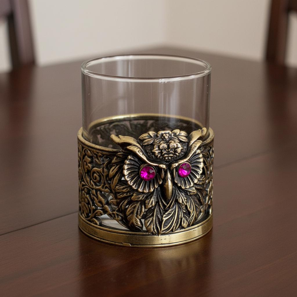 Gemstone Owl Whiskey Glass – Antique Brass Holder, 10 oz