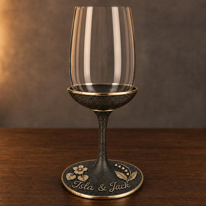 Personalised Birth Flower Wine Glass, Violet & Lily of the Valley Antique Brass Base