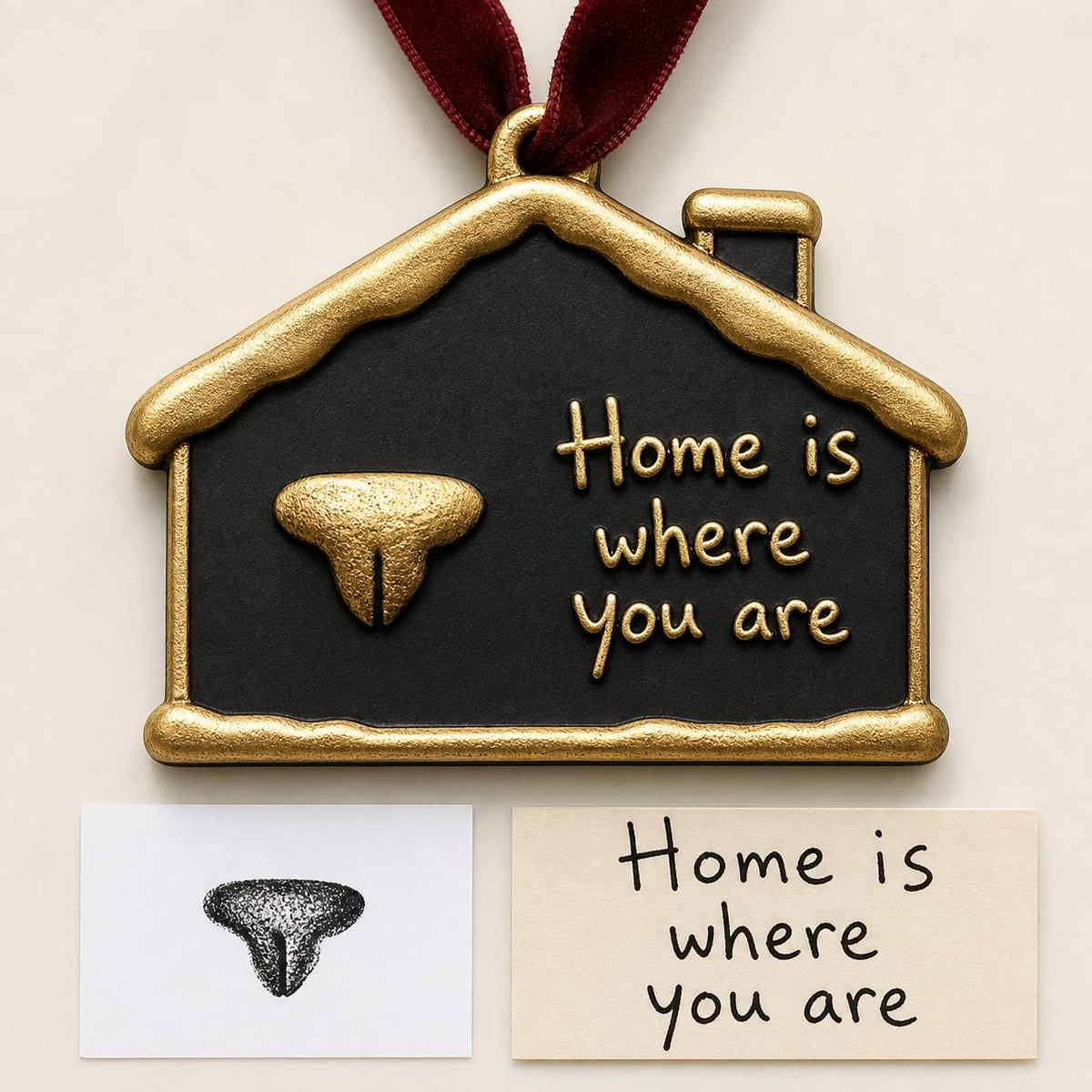 Antique brass snowy house ornament with raised nose print and Home is where you are, beside print and note cards