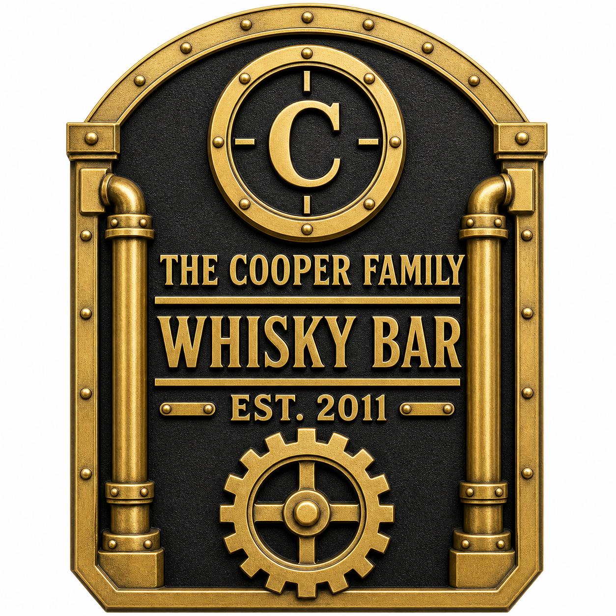 Personalised Industrial Whisky Bar Sign | Antique Brass Steampunk Bar Plaque | Custom Family Wall Decor