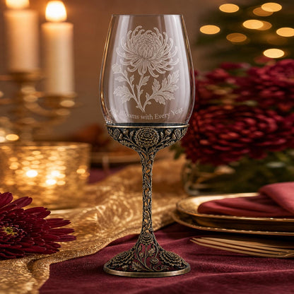 November Chrysanthemum Wine Glass, Personalised Birth Flower, Openwork Brass Stem, Custom Etched Gift