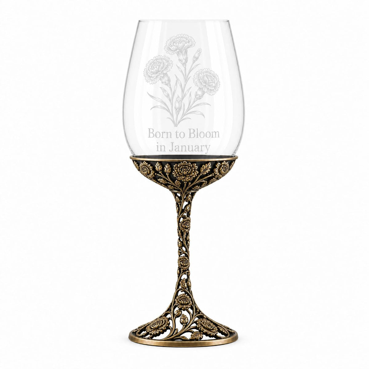 Personalised January Carnation Wine Glass, Custom Etching, Antique Brass Birth Flower Stemware