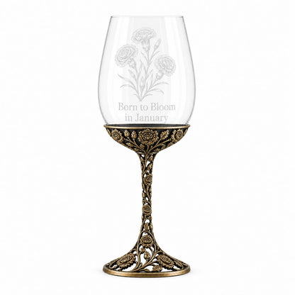 Personalised January Carnation Wine Glass, Custom Etching, Antique Brass Birth Flower Stemware