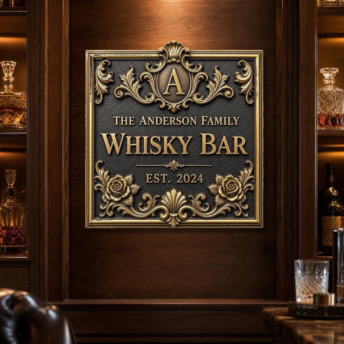 Rococo crest bar sign on a dark wood panel between shelves of bottles