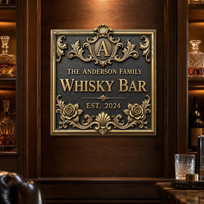 Rococo crest bar sign on a dark wood panel between shelves of bottles