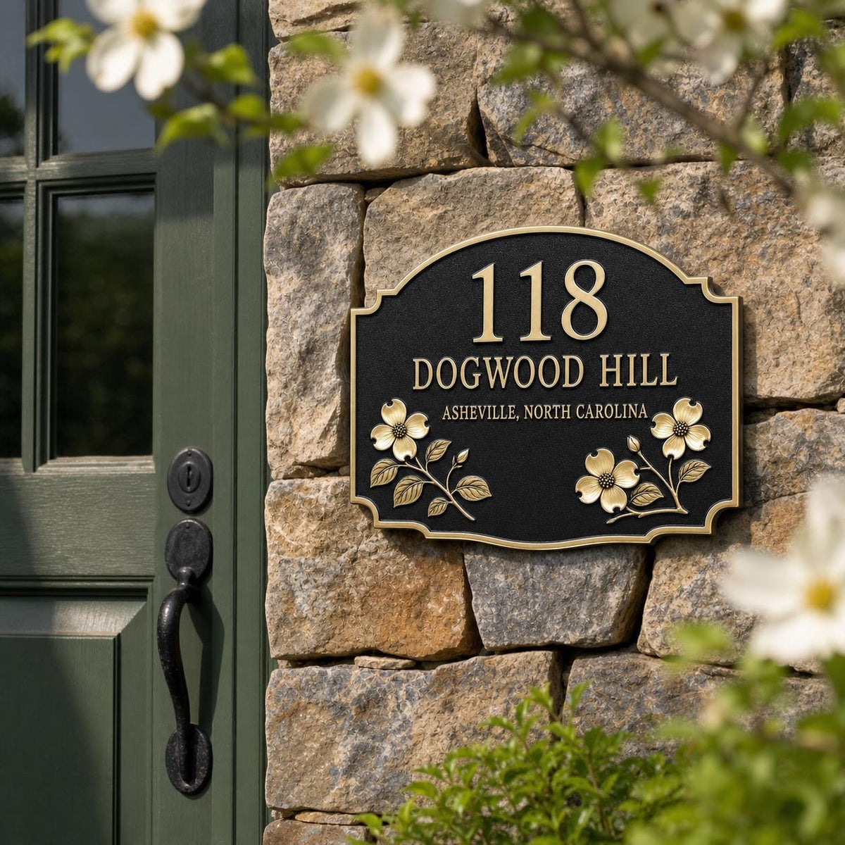Personalised Floral Address Plaque | Custom Antique Brass House Number Sign