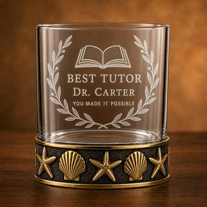 Personalized Starfish and Seashell Whiskey Glass – Custom Etched Old Fashioned Glass, 10 oz