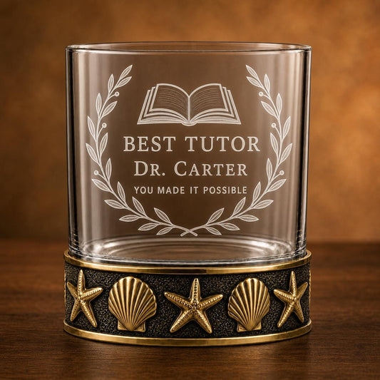 Personalized Starfish and Seashell Whiskey Glass – Custom Etched Old Fashioned Glass, 10 oz