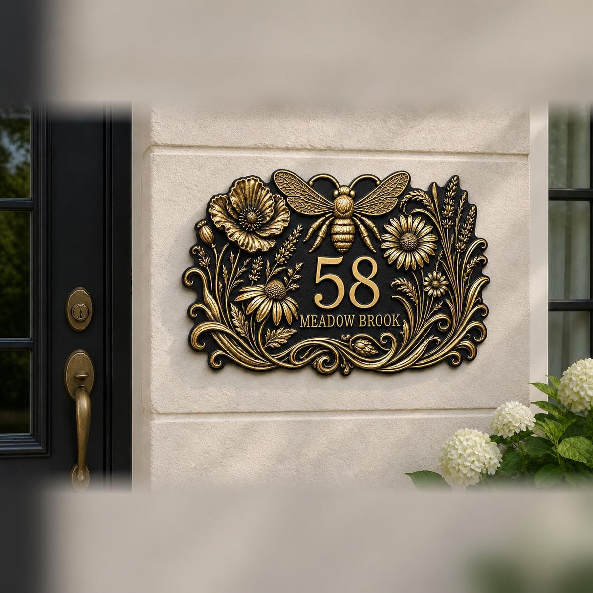 Design Your Own Custom House Number Plaque | Personalized Floral Bumblebee Antique Brass Address Sign
