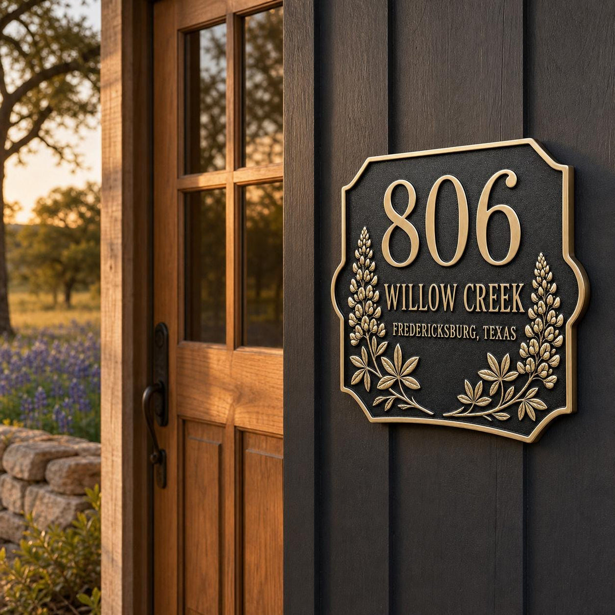 Personalised Lupine Flower Address Plaque | Custom Antique Brass House Number | Outdoor Wall Decor