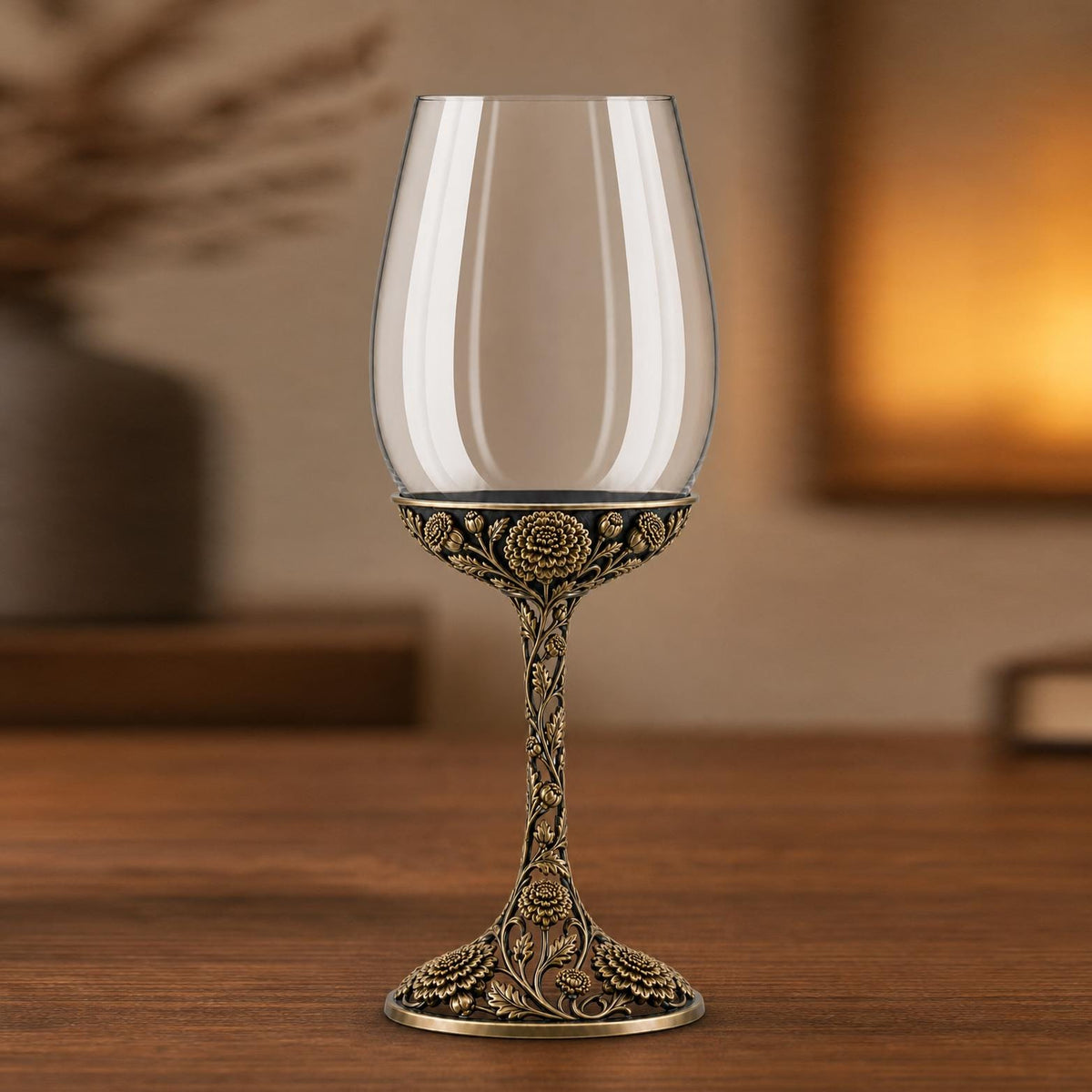 October Marigold Wine Glass, Personalised Birth Flower, Openwork Brass Stem, Custom Etched Gift