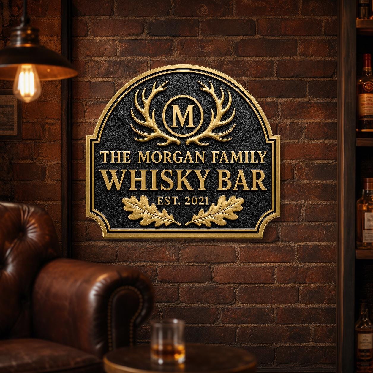 Personalised Antler Home Bar Sign | Antique Brass Whisky Plaque | Custom Deer Wall Decor