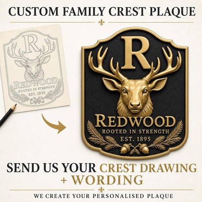 Personalised Family Crest Plaque | Custom Coat of Arms, Surname & Motto | Antique Brass Wall Decor