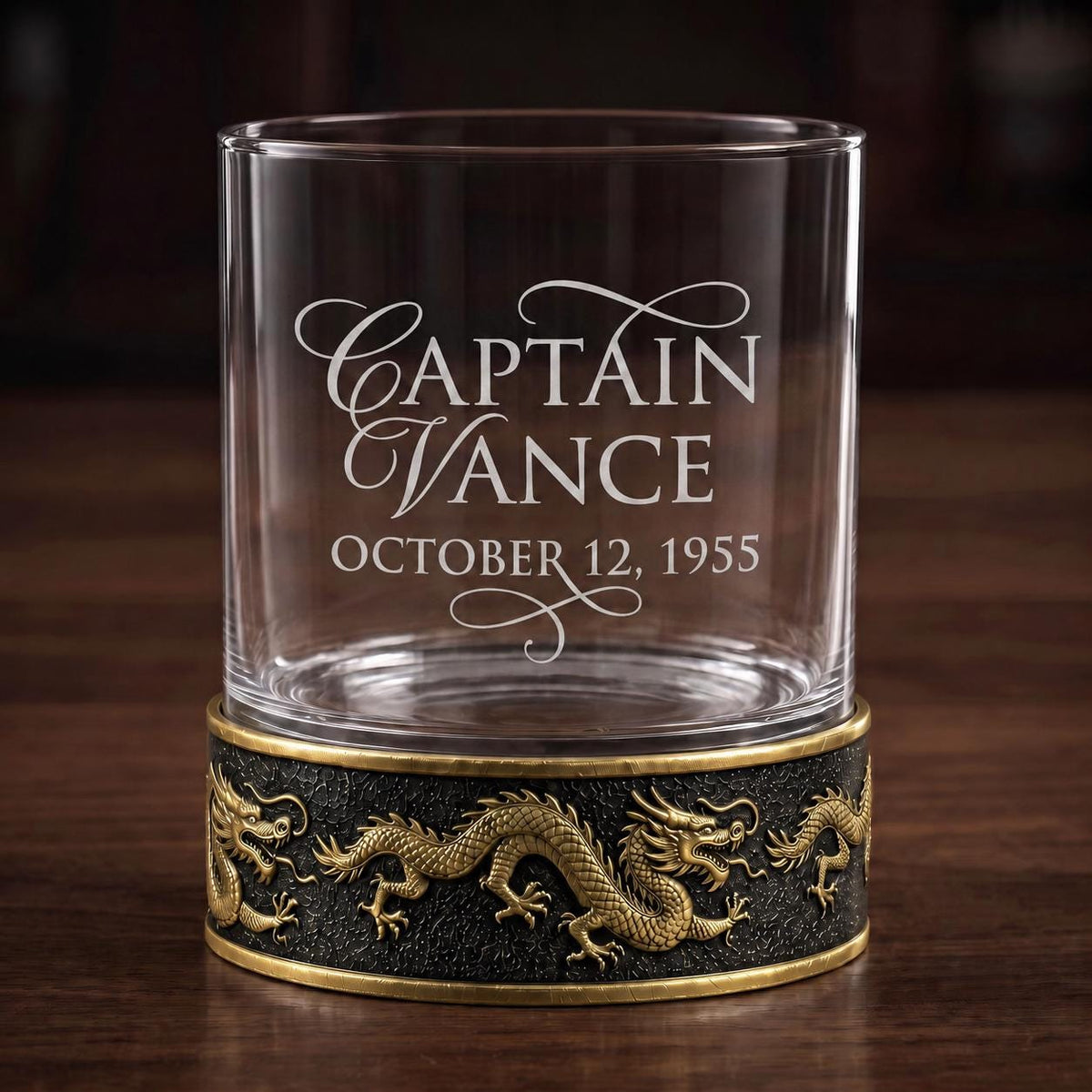Personalised Laser Etched Brass Base Whiskey Glass | Signature Name/Logo Glasses | Dragon Metal Design