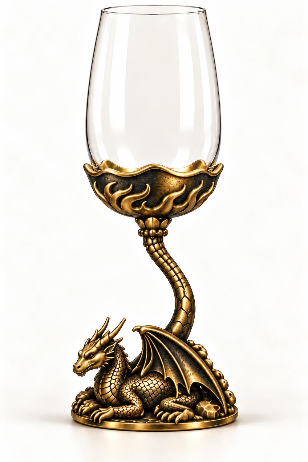 Flaming Dragon wine glass with a clear bowl and sculptural antique brass stem