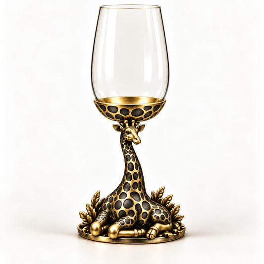 Giraffe wine glass with a clear bowl and sculptural antique brass stem