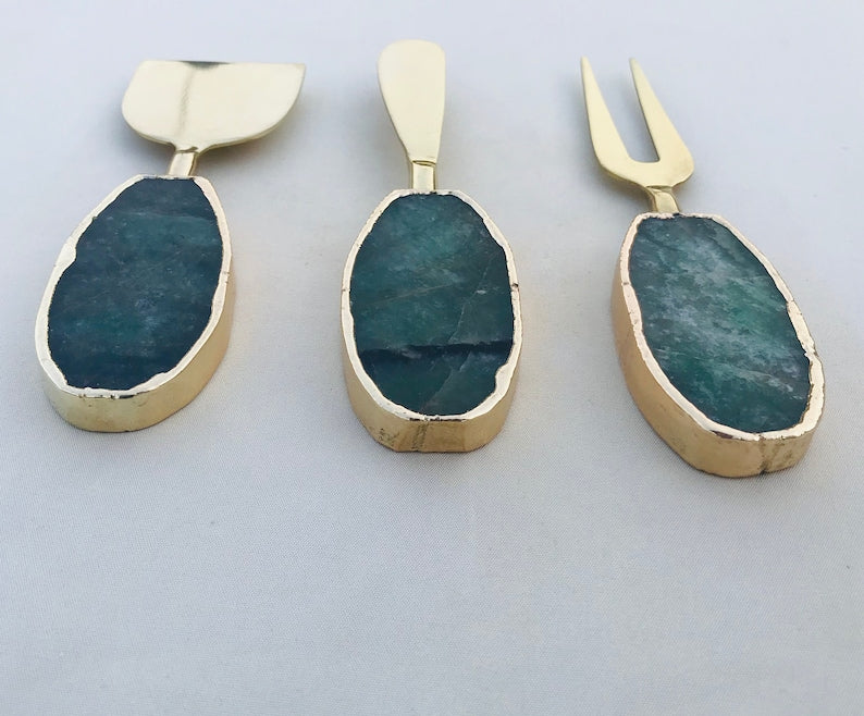 Set of 3 Green Agate Cheese Knives/Spreaders