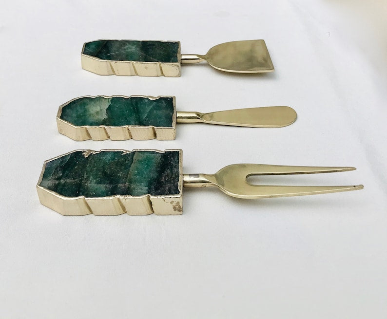 Set of 3 Green Agate Cheese Knives/Spreaders