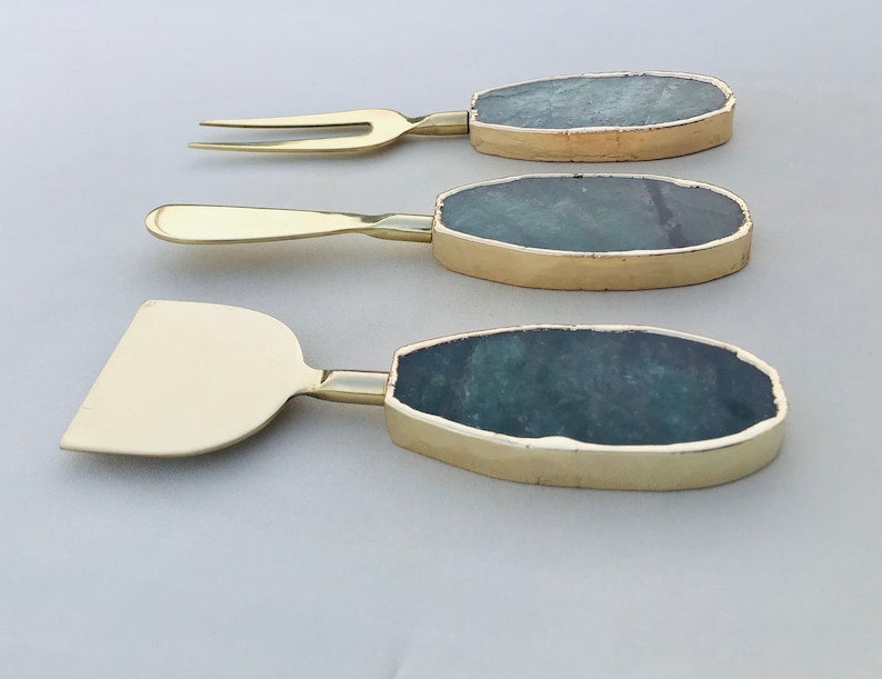 Set of 3 Green Agate Cheese Knives/Spreaders