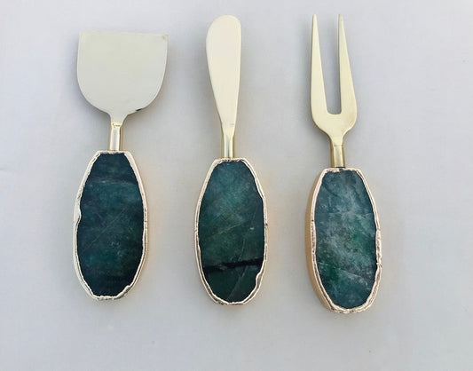 Set of 3 Green Agate Cheese Knives/Spreaders